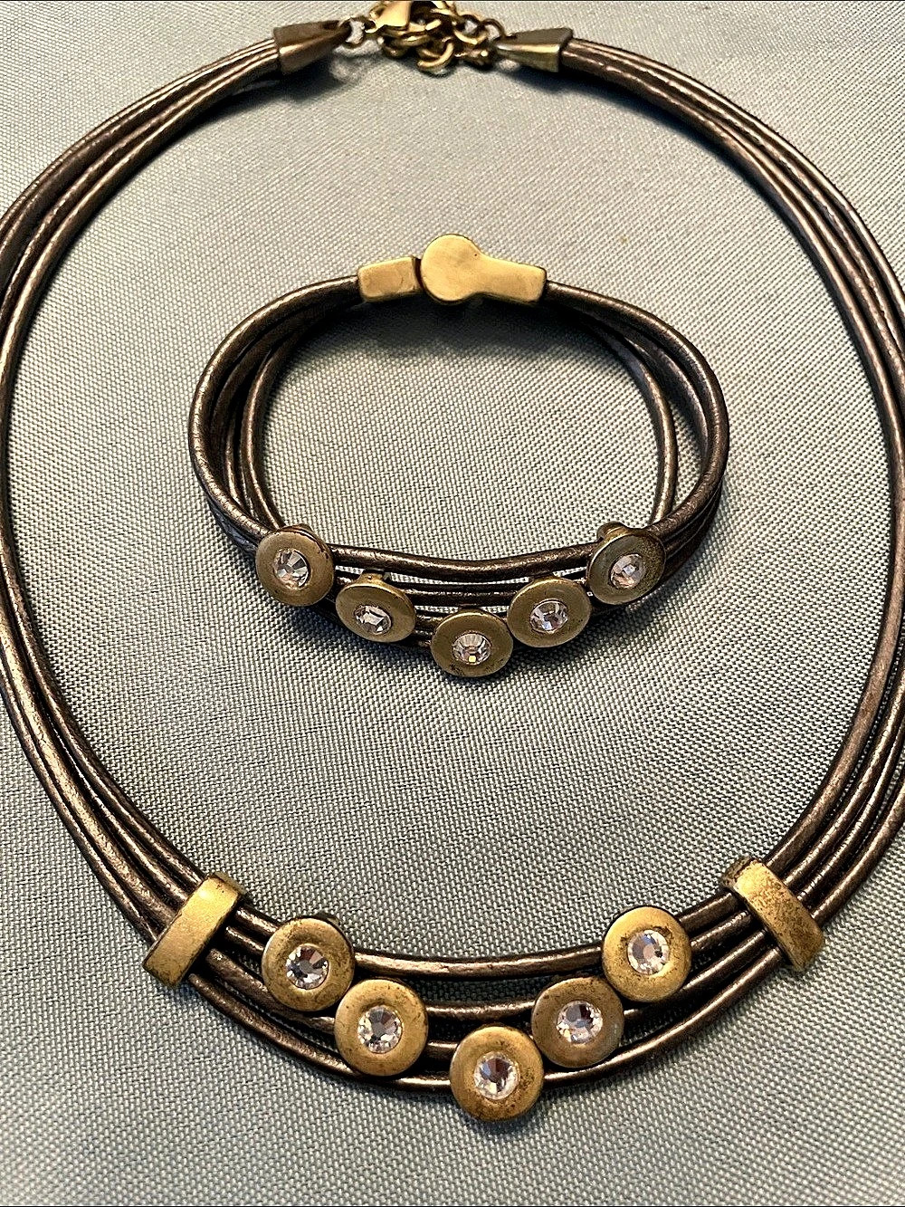Bronze & Gold Necklace and Bracelet Set with Gray/Silver Leather Strands